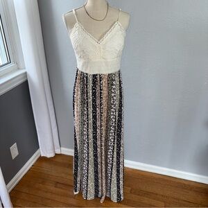 Derek Heart Cream Lace Bodice Striped Maxi with Spaghetti Straps